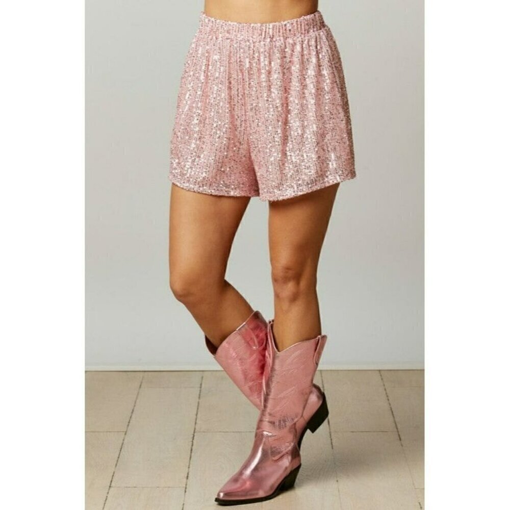 Making a Statement Sequin Sparkle Shorts in Pink - Picture 5 of 7